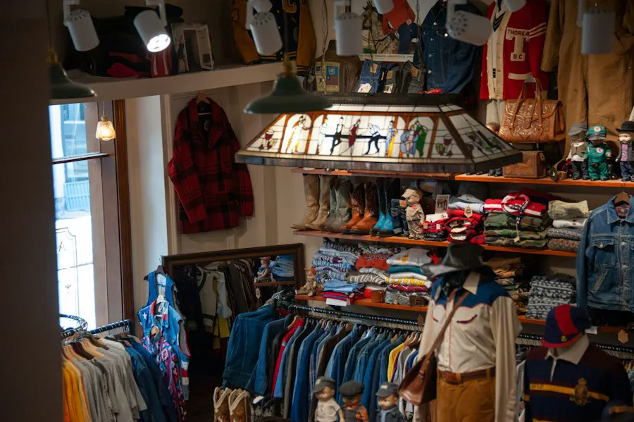 Prendas y percheros en el interior de una tienda de ropa