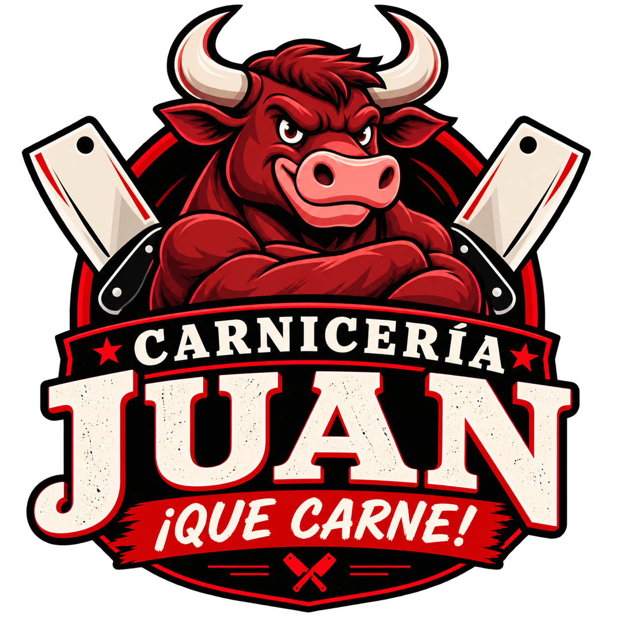 Logo de Carnicería Juan — ¡Que Carne! con ilustración de toro y cuchillas
