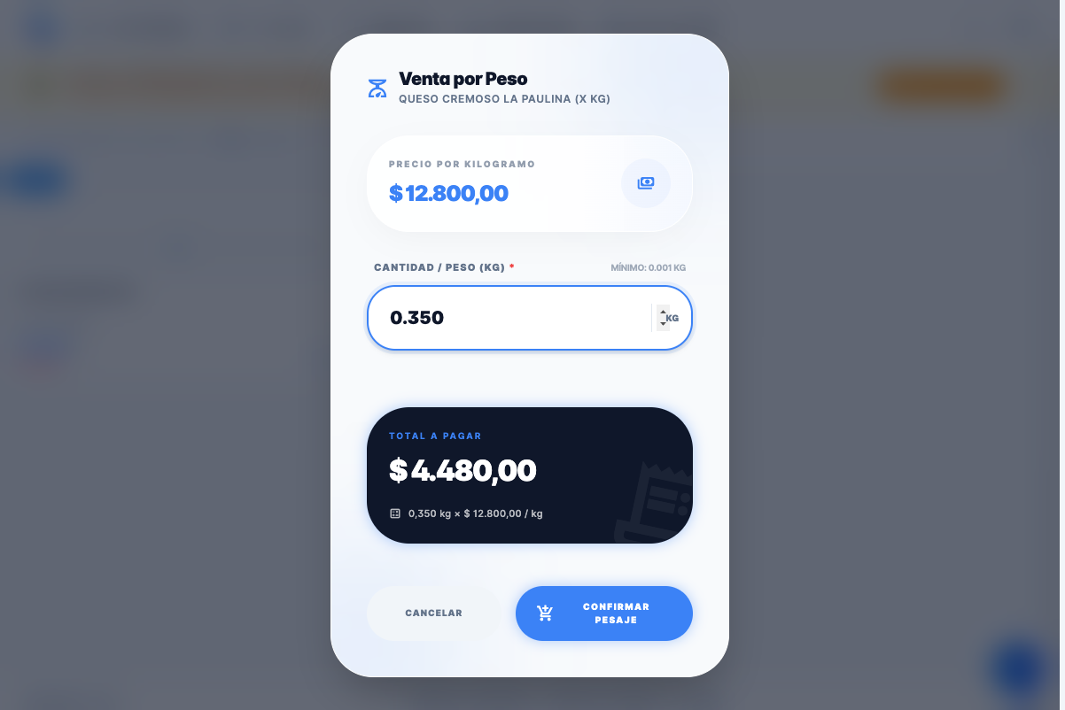 Modal de pesaje interactivo con 350 gramos