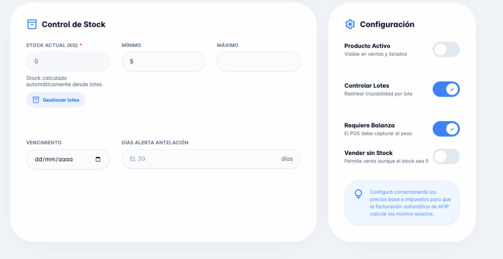 Panel de control de stock y configuración de switches