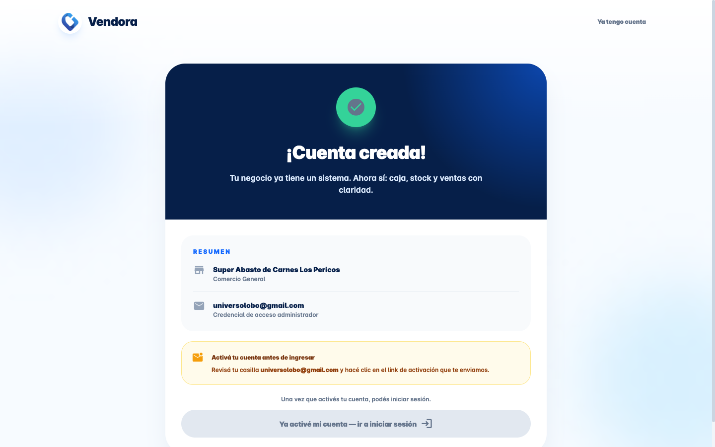 Cuenta creada, pendiente de activación