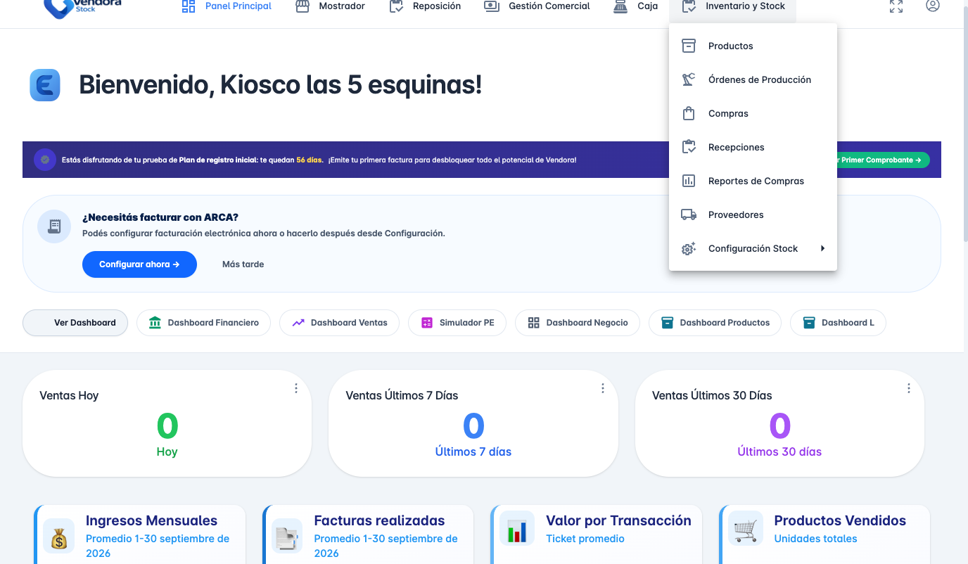 Menú Inventario y Stock desplegado