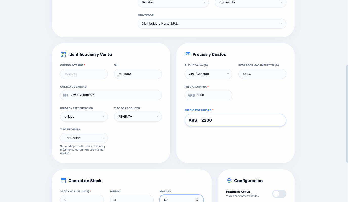 Formulario completo de Nuevo Producto