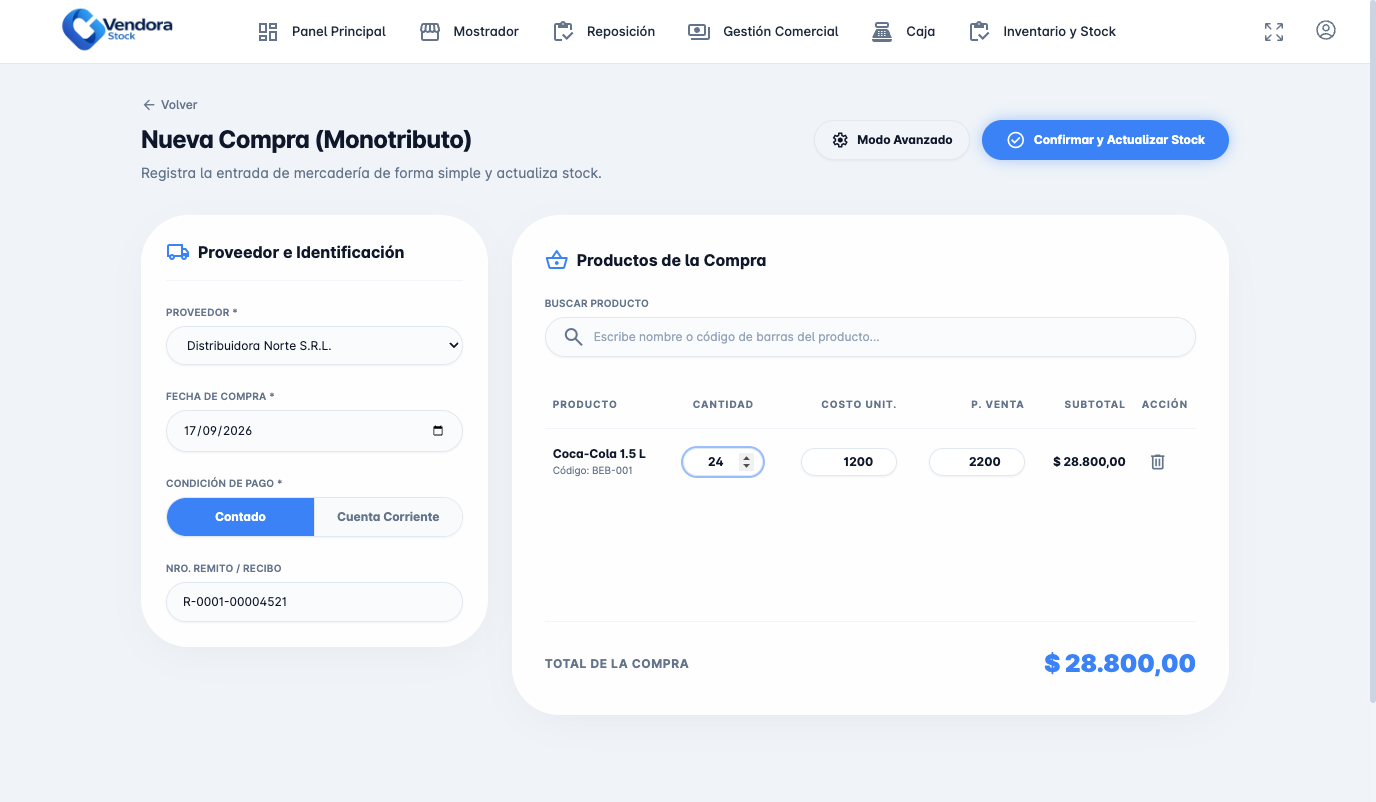 Formulario de Compra Simple cargando 24 unidades
